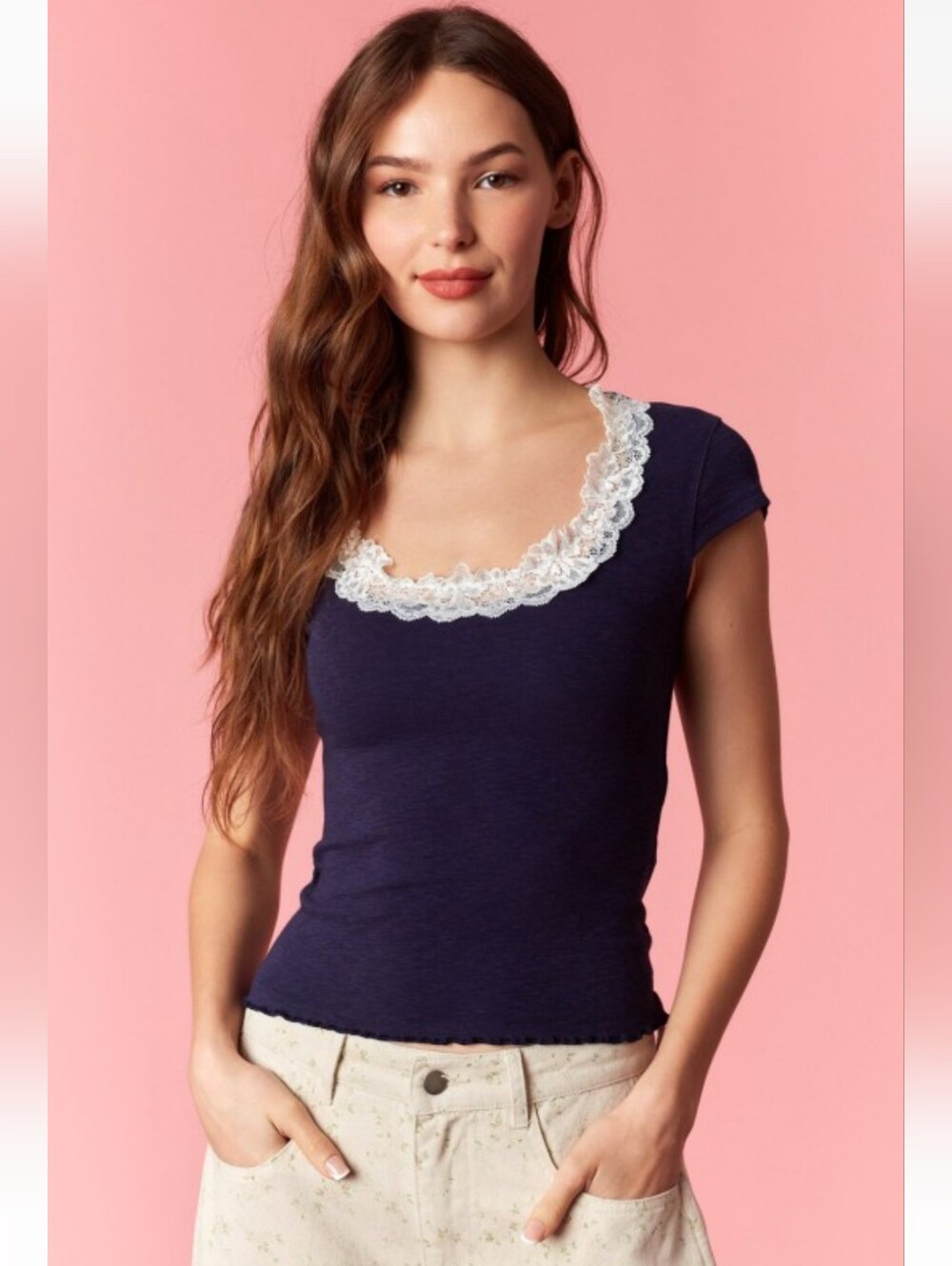 🌌 Midnight Blue Lace-Trim Scoop Neck Tee